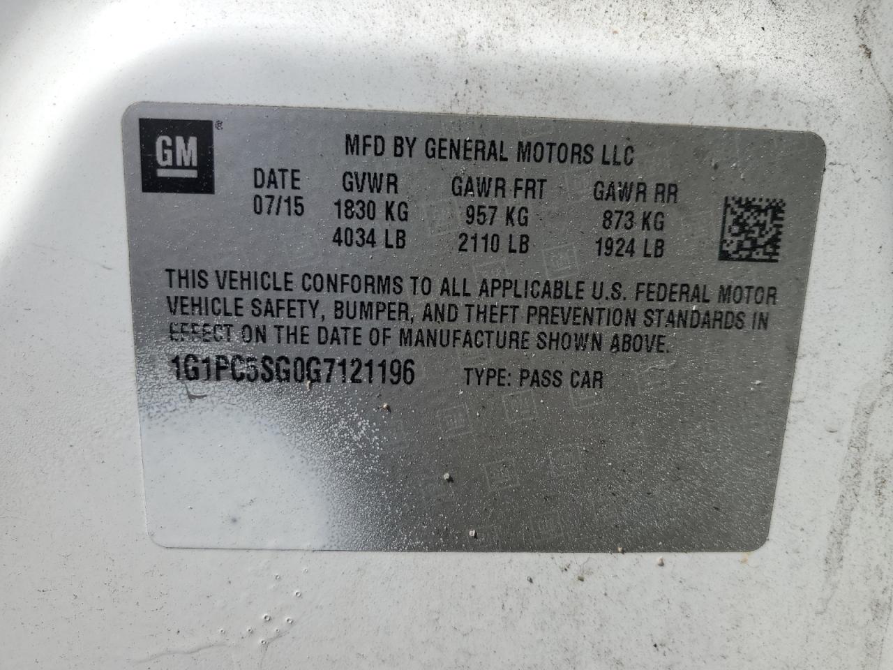 2016 Chevrolet Cruze Limited Ls VIN: 1G1PC5SG0G7121196 Lot: 53057285