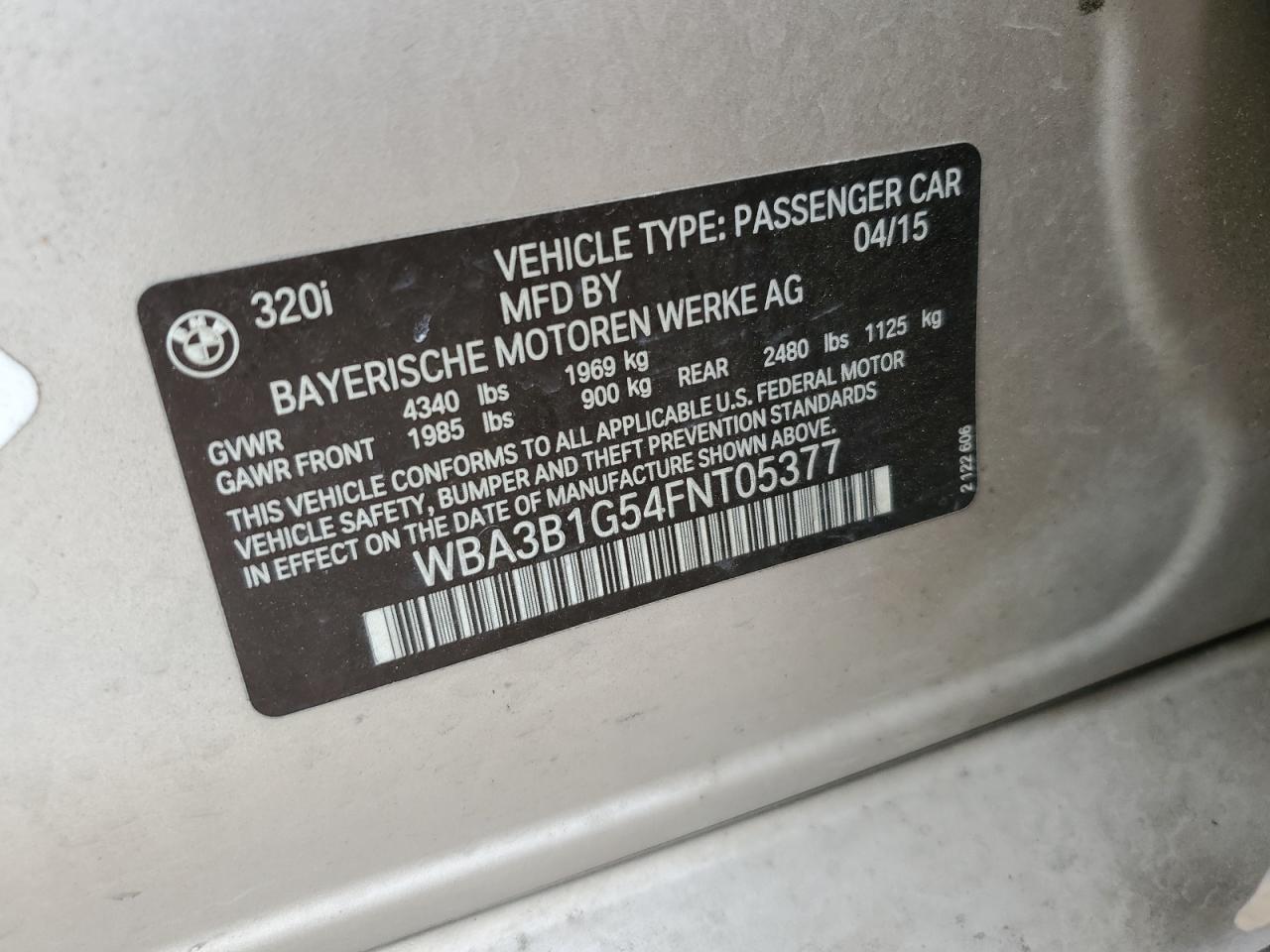 2015 BMW 320 I VIN: WBA3B1G54FNT05377 Lot: 53959915