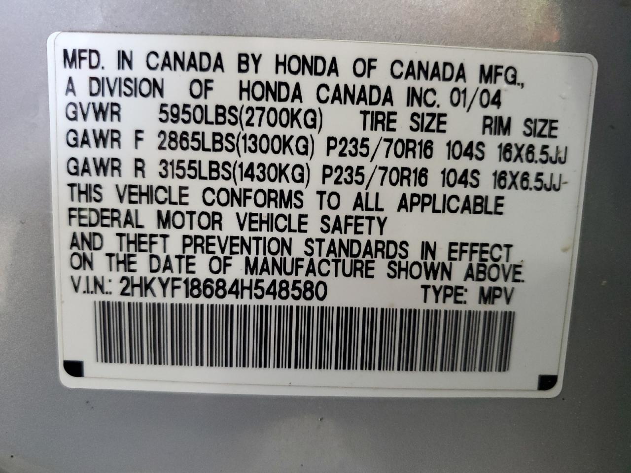2004 Honda Pilot Exl VIN: 2HKYF18684H548580 Lot: 53847805