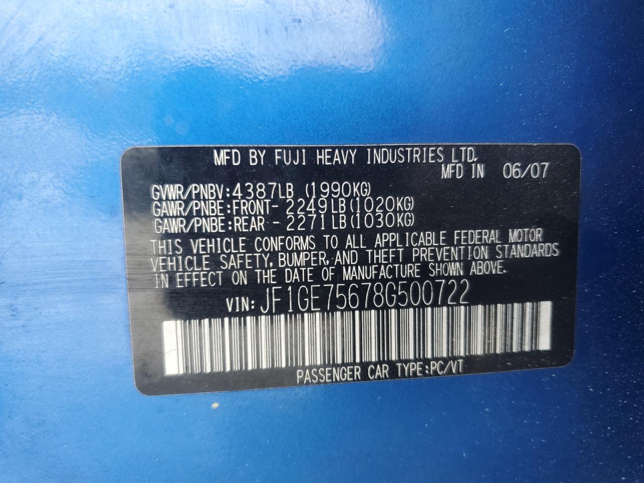 2008 Subaru Impreza Wrx Premium VIN: JF1GE75678G500722 Lot: 51919445