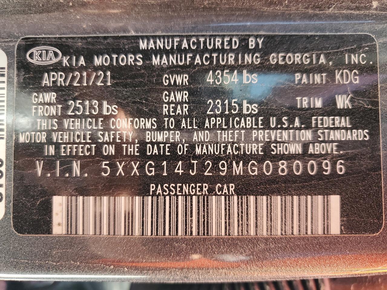 2021 Kia K5 Lxs VIN: 5XXG14J29MG080096 Lot: 53040245