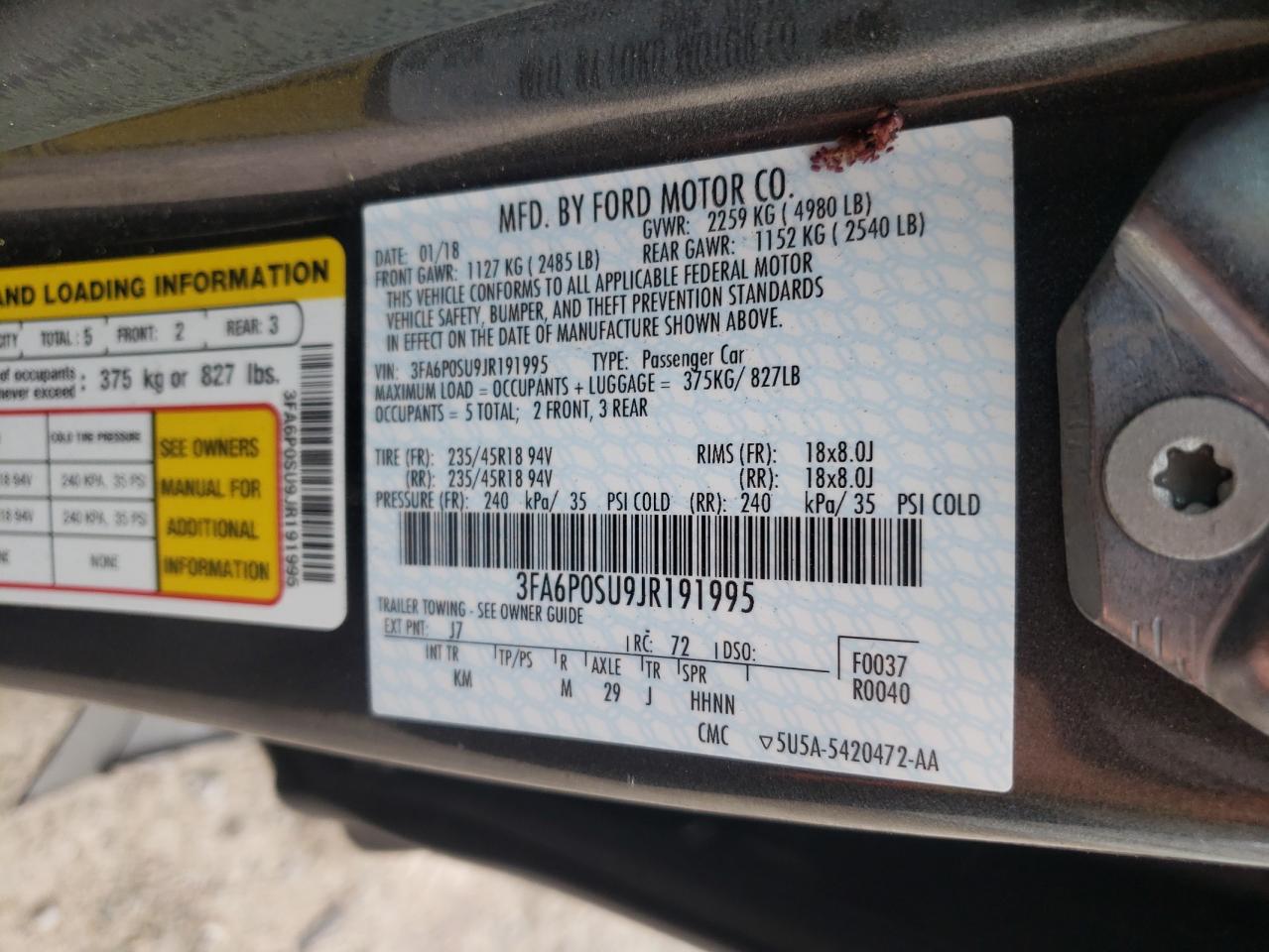 2018 Ford Fusion Titanium/Platinum Phev VIN: 3FA6P0SU9JR191995 Lot: 51430505