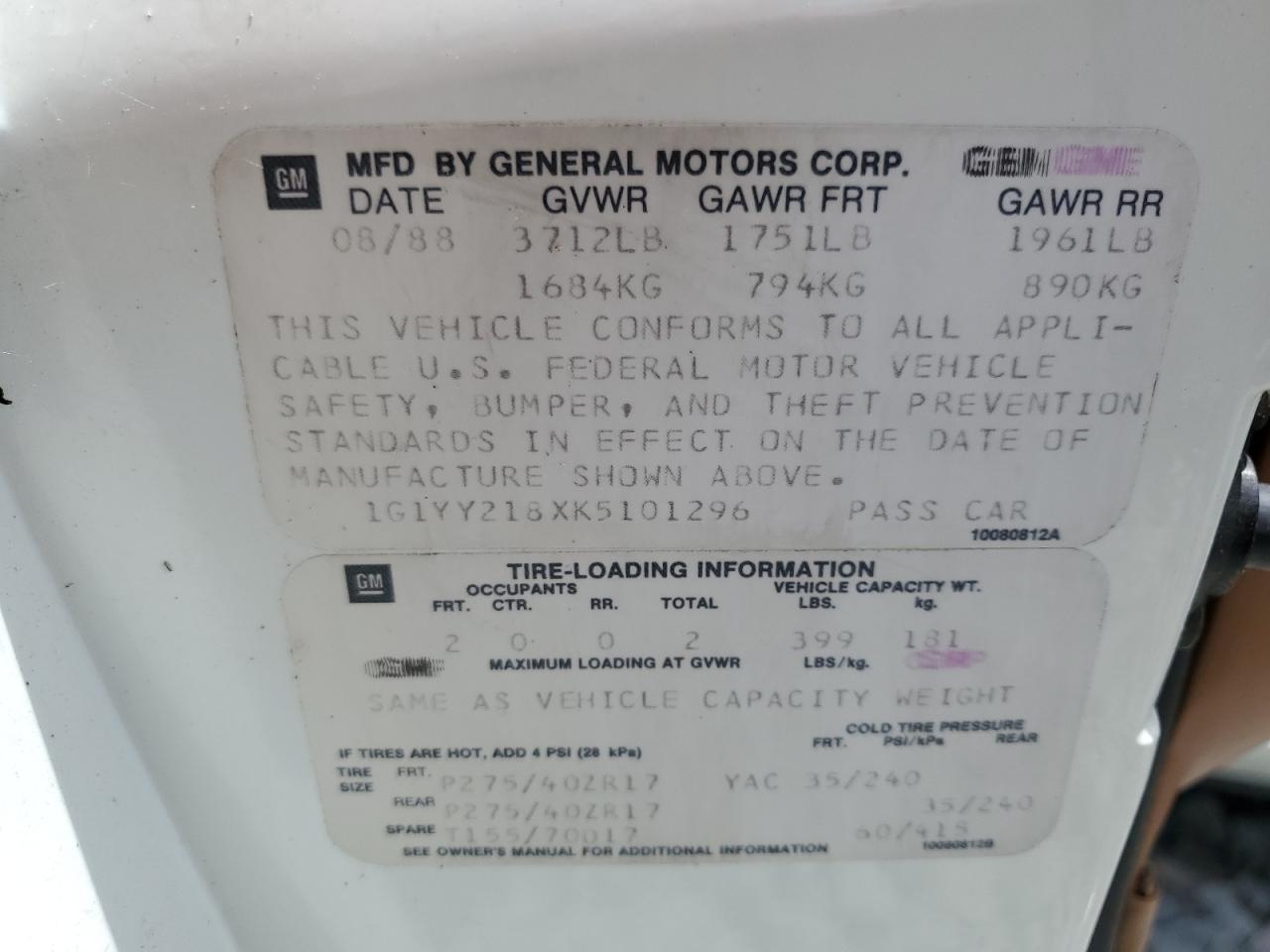 1989 Chevrolet Corvette VIN: 1G1YY218XK5101296 Lot: 50921565