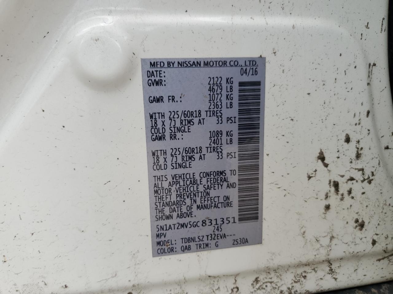 5N1AT2MV5GC831351 NISSAN ROGUE 2016