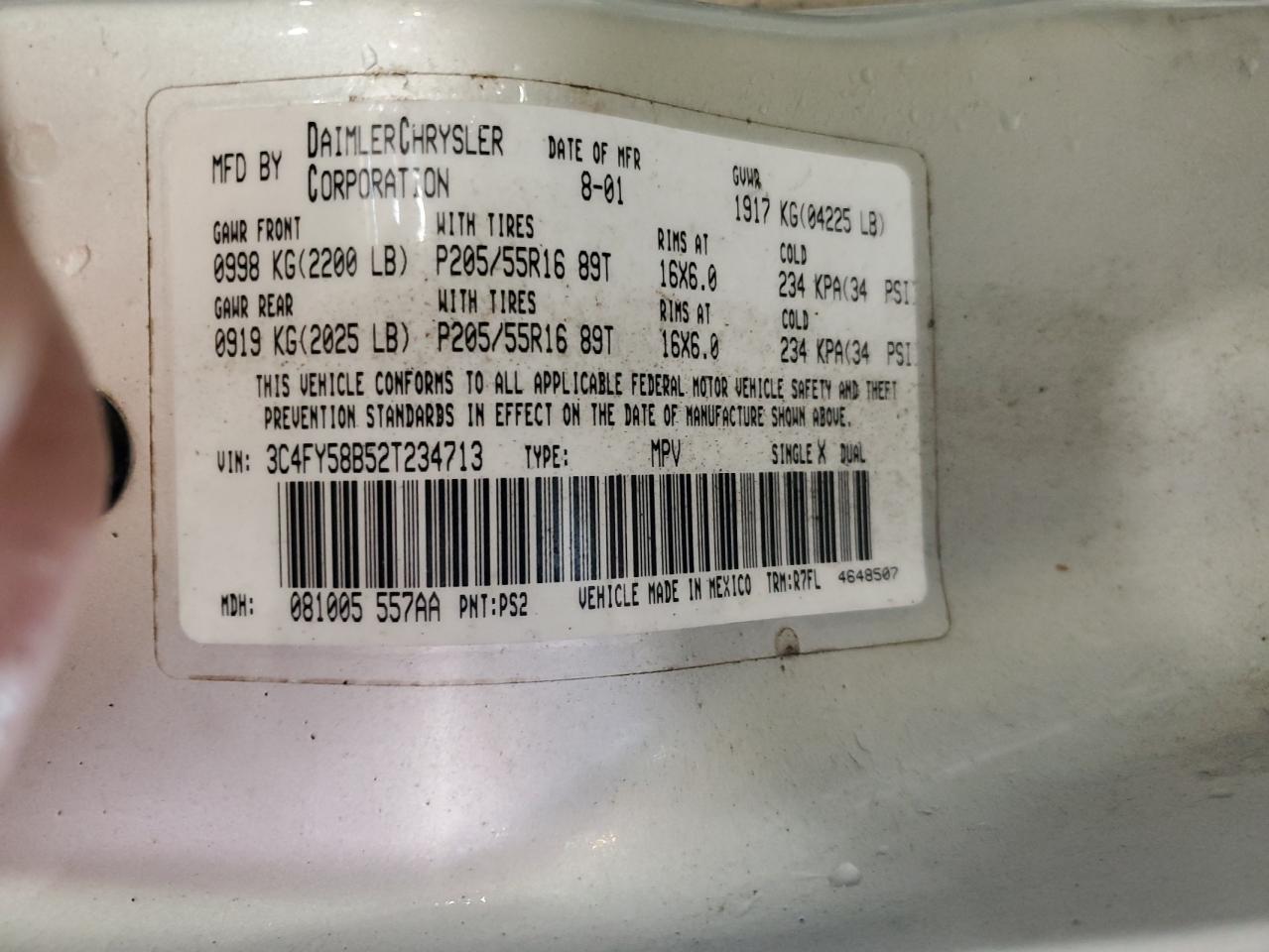2002 Chrysler Pt Cruiser Touring VIN: 3C4FY58B52T234713 Lot: 53519005