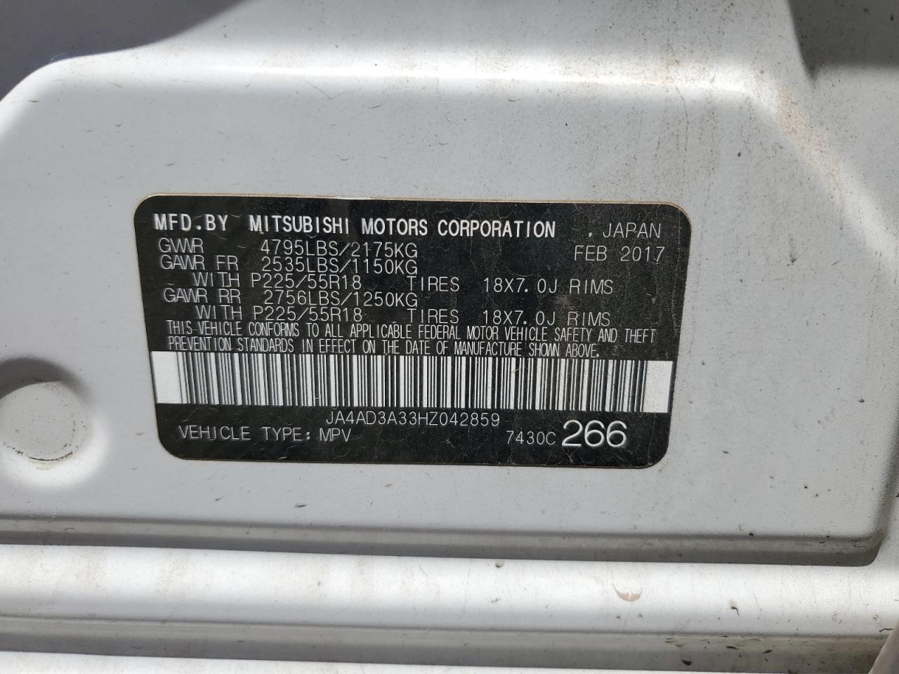 2017 Mitsubishi Outlander Se VIN: JA4AD3A33HZ042859 Lot: 53464635