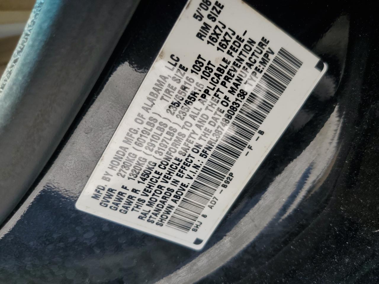 2008 Honda Odyssey Exl VIN: 5FNRL38748B083138 Lot: 52608185