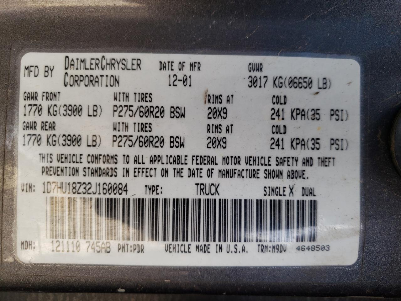 2002 Dodge Ram 1500 VIN: 1D7HU18Z32J160084 Lot: 90651545