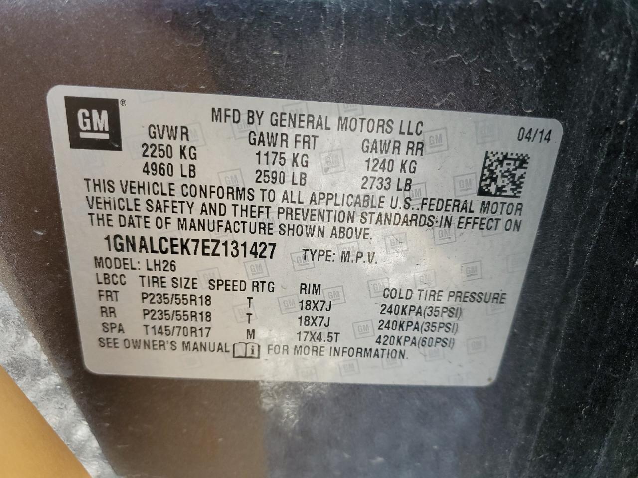 2014 Chevrolet Equinox Lt VIN: 1GNALCEK7EZ131427 Lot: 53565995