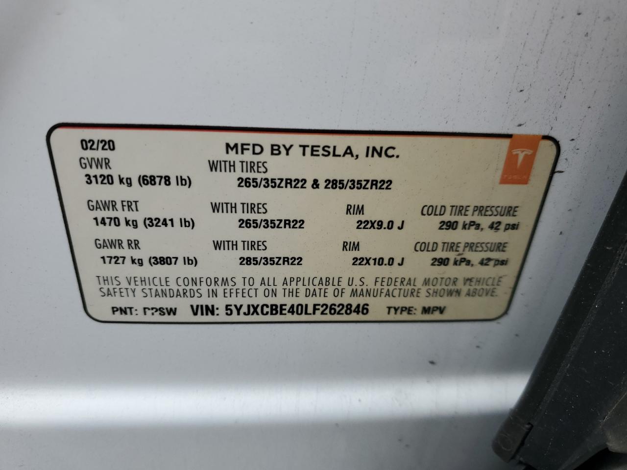2020 Tesla Model X VIN: 5YJXCBE40LF262846 Lot: 53313695
