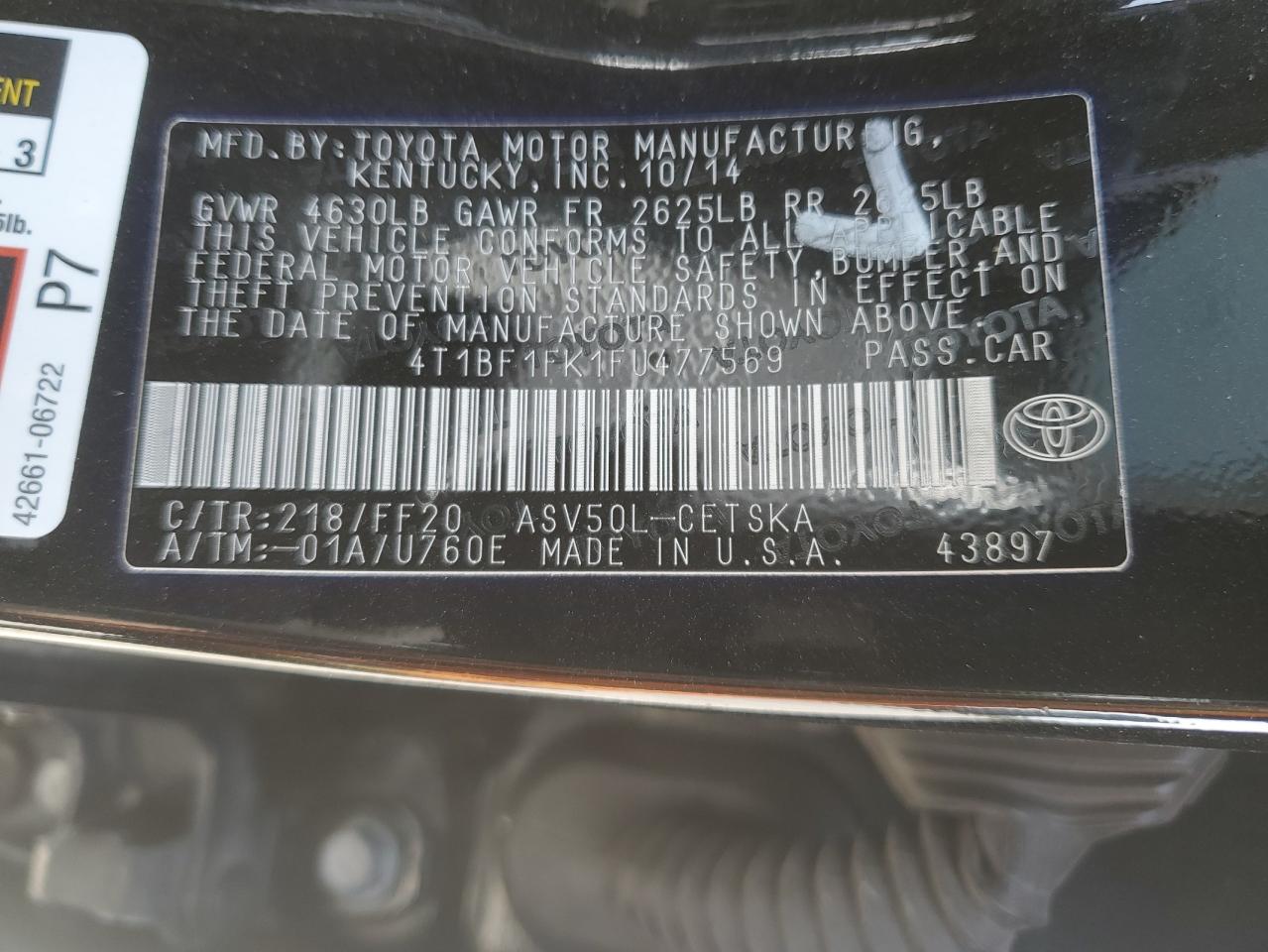 2015 Toyota Camry Le VIN: 4T1BF1FK1FU477569 Lot: 52549785
