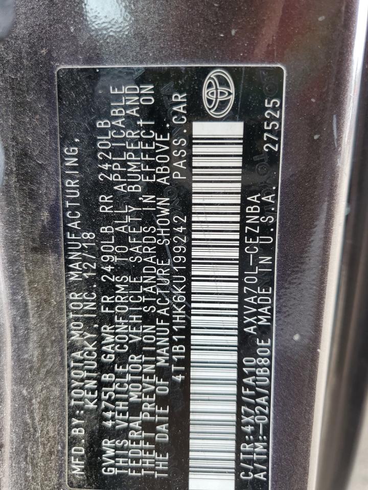 2019 Toyota Camry L VIN: 4T1B11HK6KU199242 Lot: 54945545