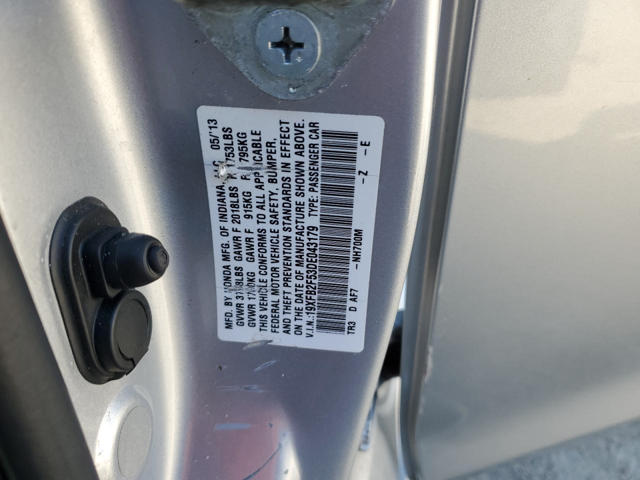 2013 Honda Civic Lx VIN: 19XFB2F53DE043179 Lot: 53303925