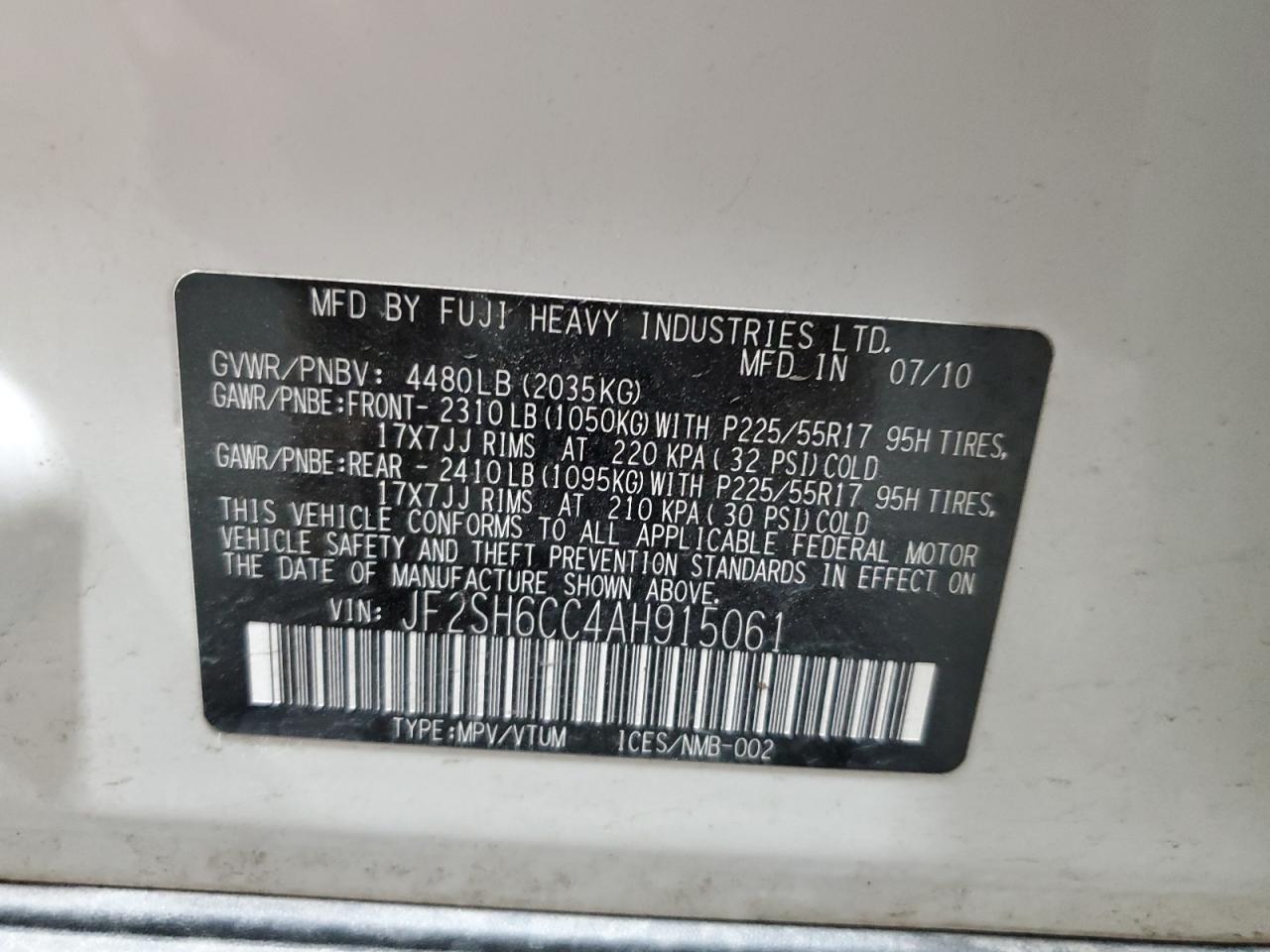 2010 Subaru Forester 2.5X Premium VIN: JF2SH6CC4AH915061 Lot: 51438585