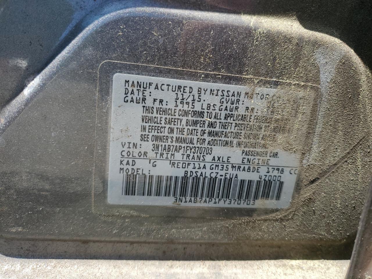 2015 Nissan Sentra S VIN: 3N1AB7AP1FY370703 Lot: 52590625