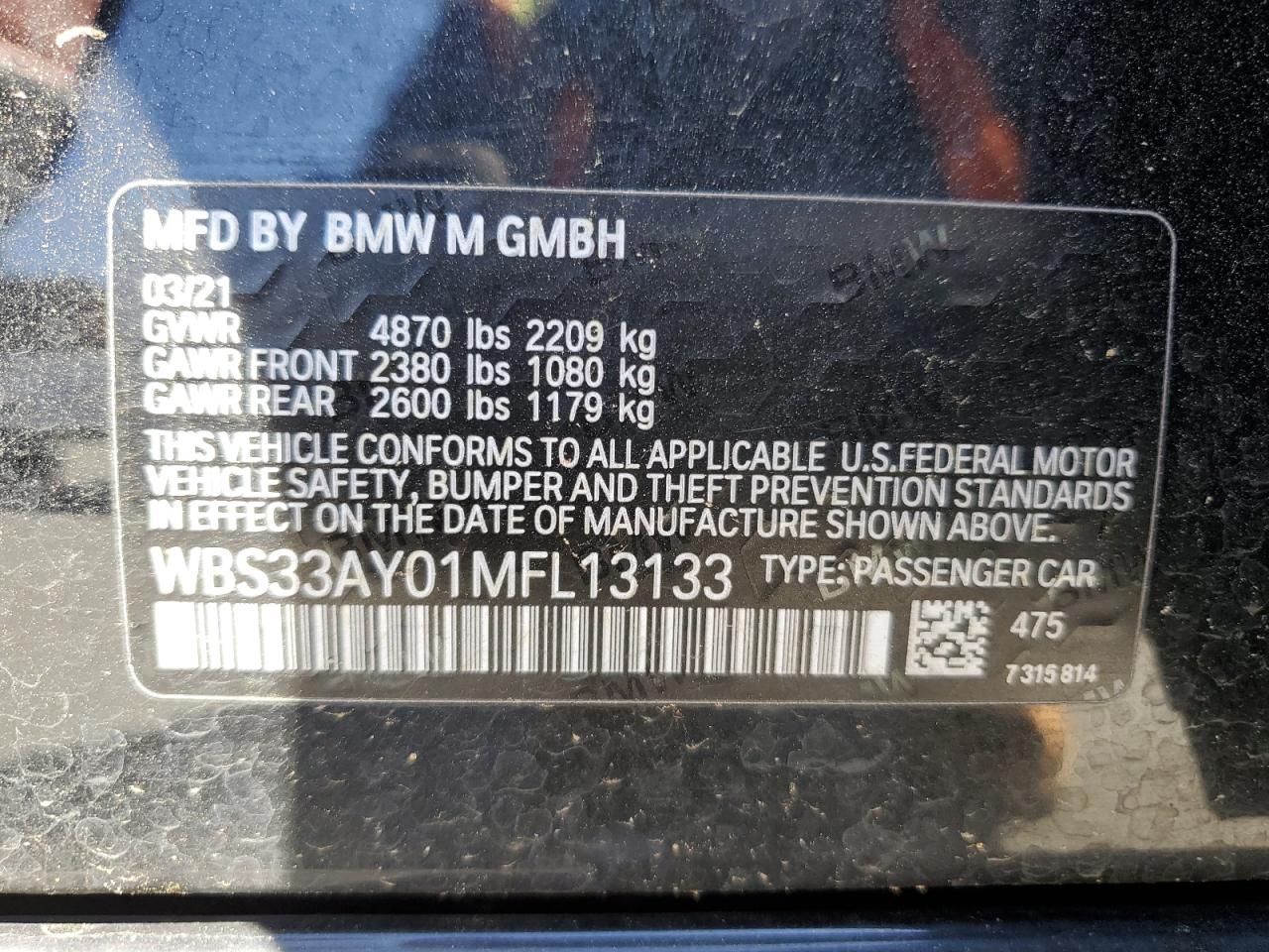2021 BMW M3 Competition VIN: WBS33AY01MFL13133 Lot: 53081005