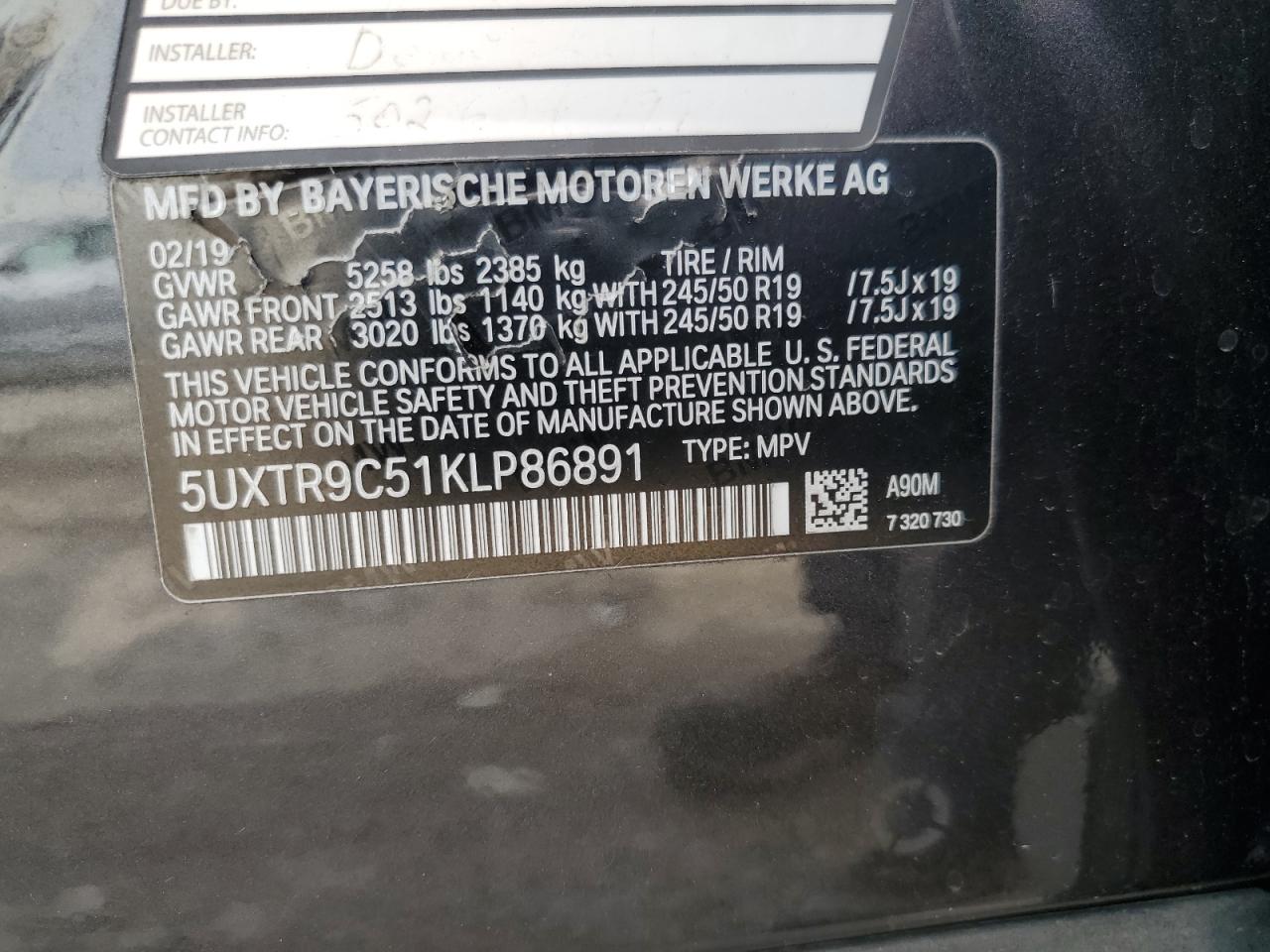 2019 BMW X3 xDrive30I VIN: 5UXTR9C51KLP86891 Lot: 54687725