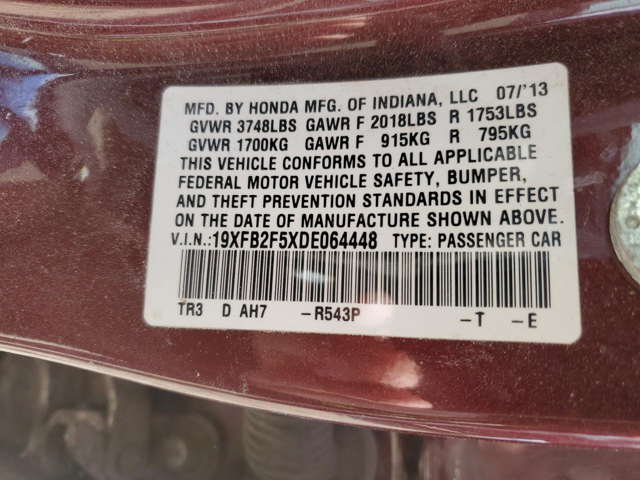 2013 Honda Civic Lx VIN: 19XFB2F5XDE064448 Lot: 52310915