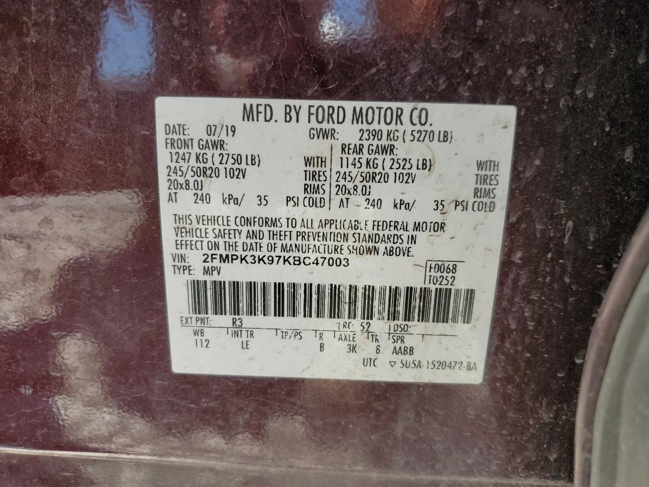 2019 Ford Edge Titanium VIN: 2FMPK3K97KBC47003 Lot: 52578475