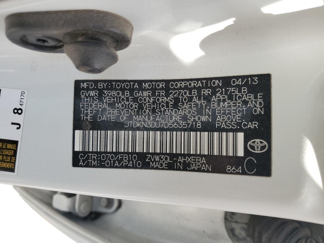 2013 Toyota Prius VIN: JTDKN3DU7D5635718 Lot: 55157875
