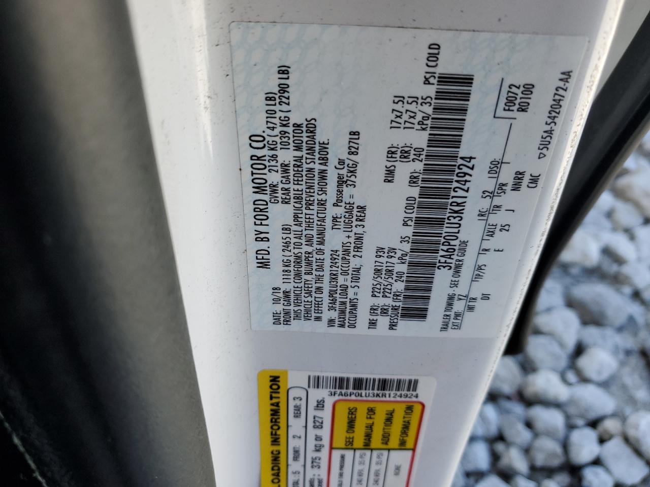 2019 Ford Fusion Se VIN: 3FA6P0LU3KR124924 Lot: 54028435