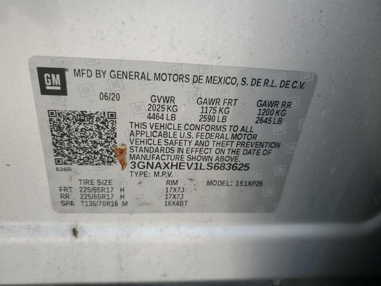2020 Chevrolet Equinox Ls VIN: 3GNAXHEV1LS683625 Lot: 55032845