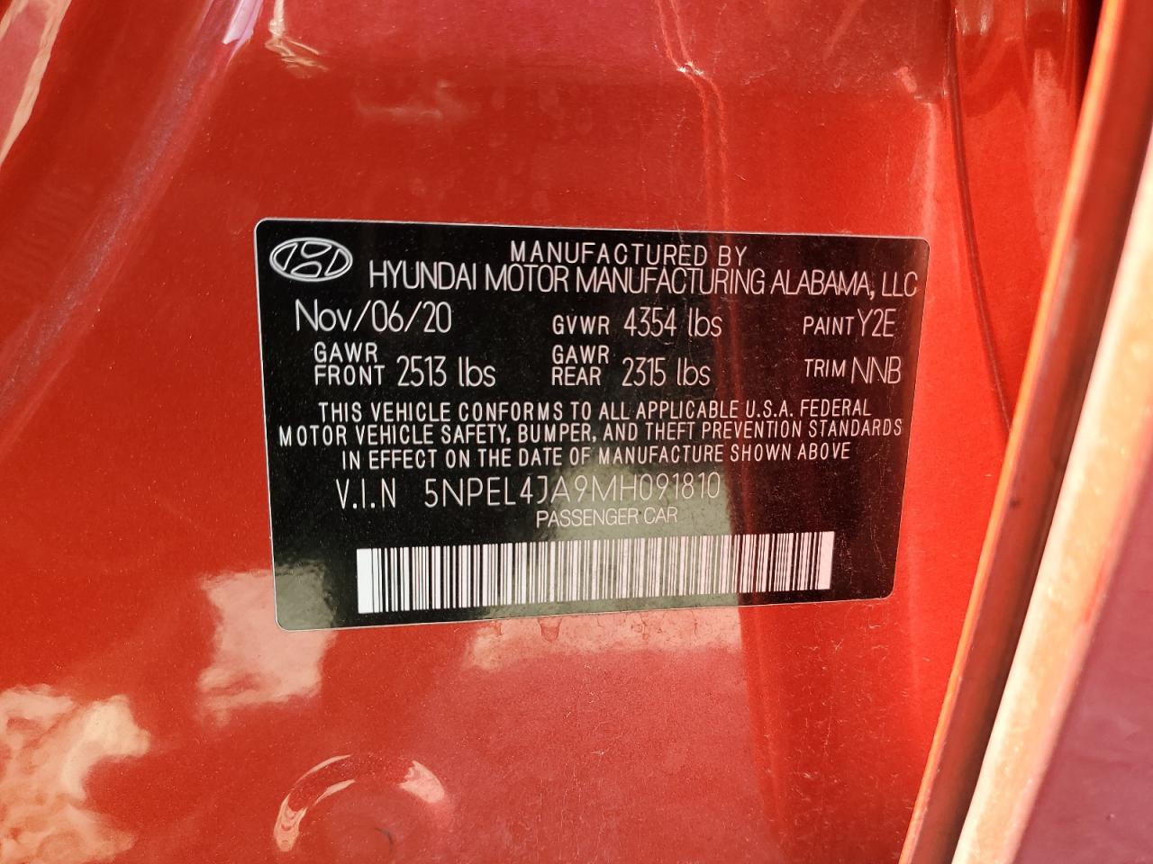 2021 Hyundai Sonata Sel VIN: 5NPEL4JA9MH091810 Lot: 53461365