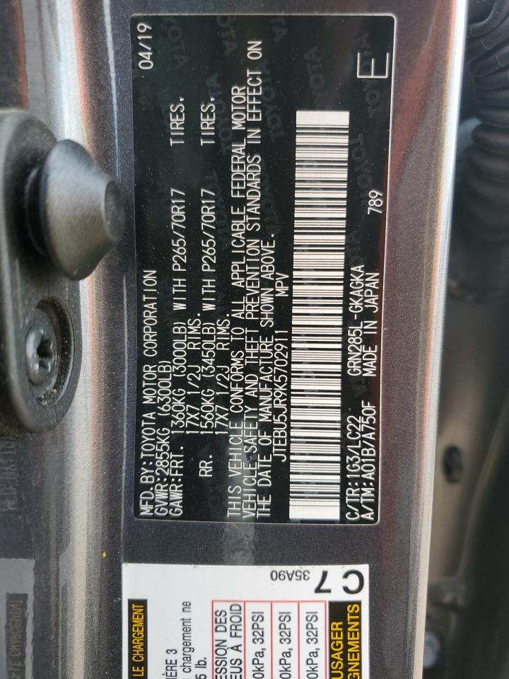 2019 Toyota 4Runner Sr5/Sr5 Premium VIN: JTEBU5JR9K5702911 Lot: 54727035