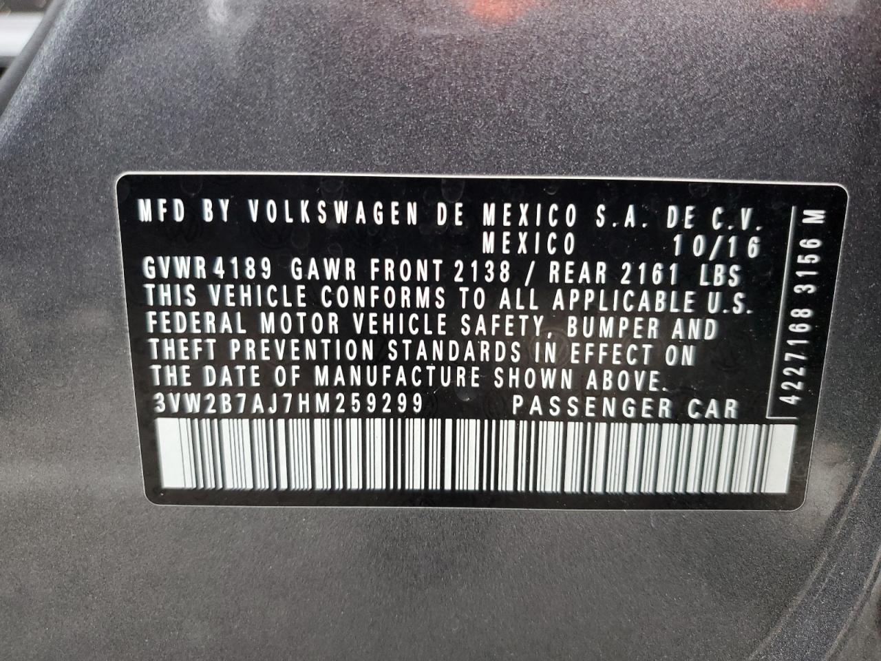 2017 Volkswagen Jetta S VIN: 3VW2B7AJ7HM259299 Lot: 55142535
