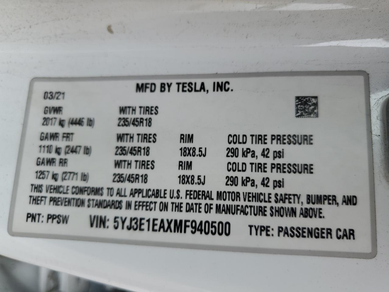 2021 Tesla Model 3 VIN: 5YJ3E1EAXMF940500 Lot: 52645075