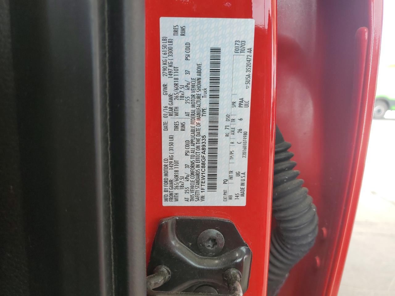 2016 Ford F150 Supercrew VIN: 1FTEW1C88GFA89335 Lot: 51789065