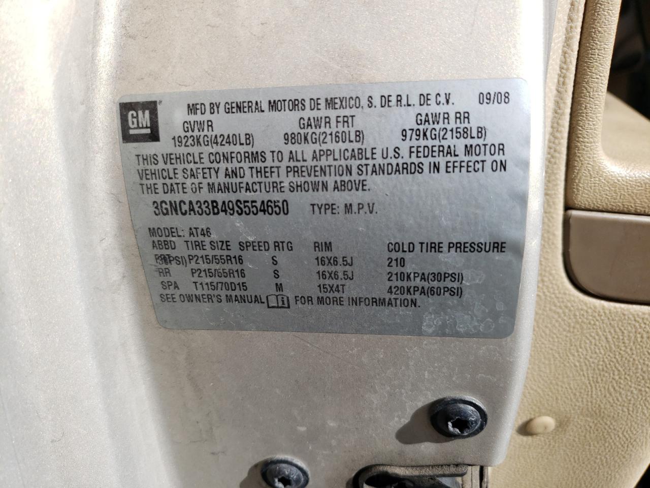 2009 Chevrolet Hhr Ls VIN: 3GNCA33B49S554650 Lot: 87017305