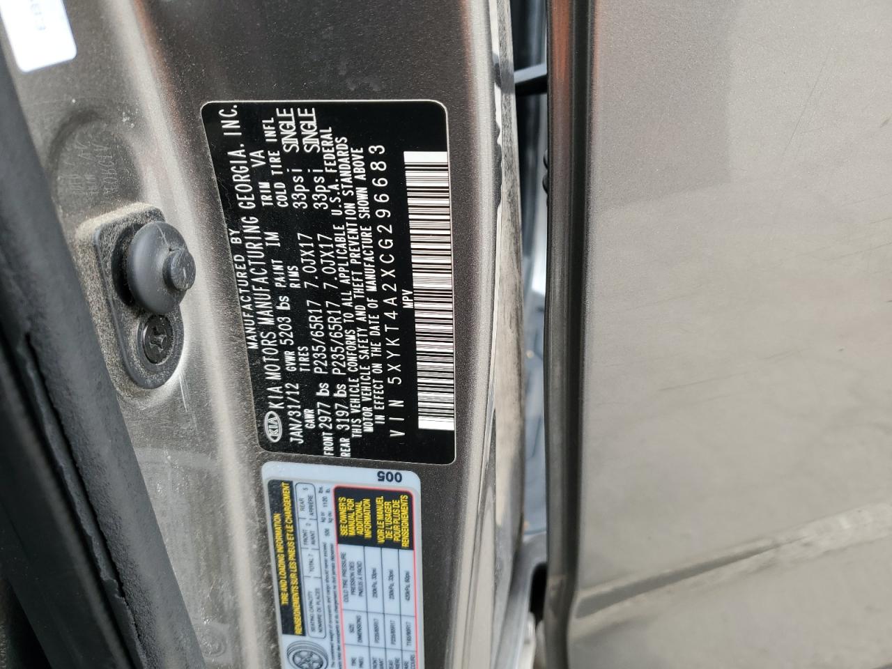 2012 Kia Sorento Base VIN: 5XYKT4A2XCG296683 Lot: 53050445