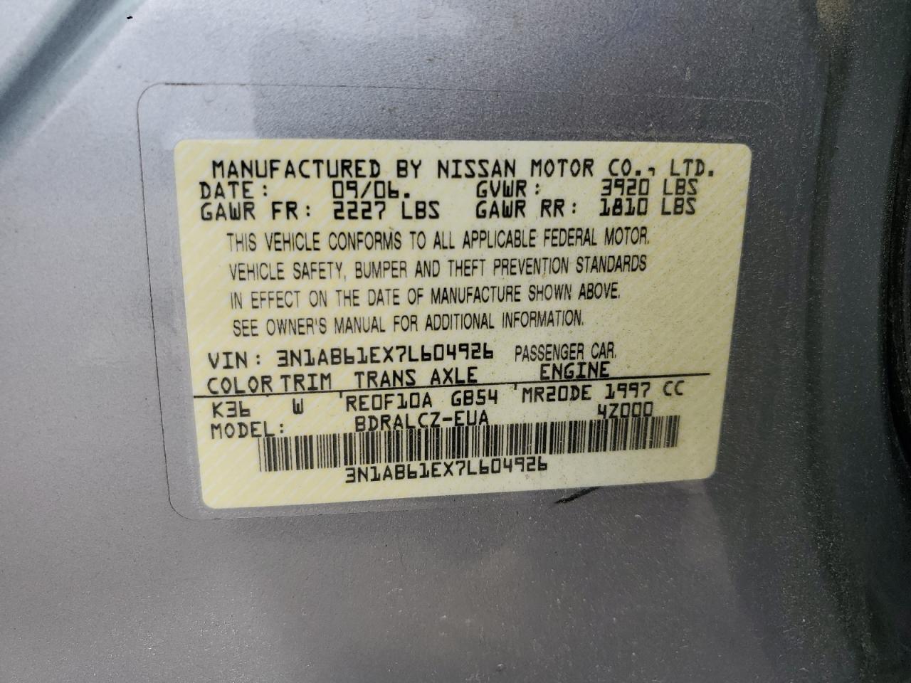 2007 Nissan Sentra 2.0 VIN: 3N1AB61EX7L604926 Lot: 53507205