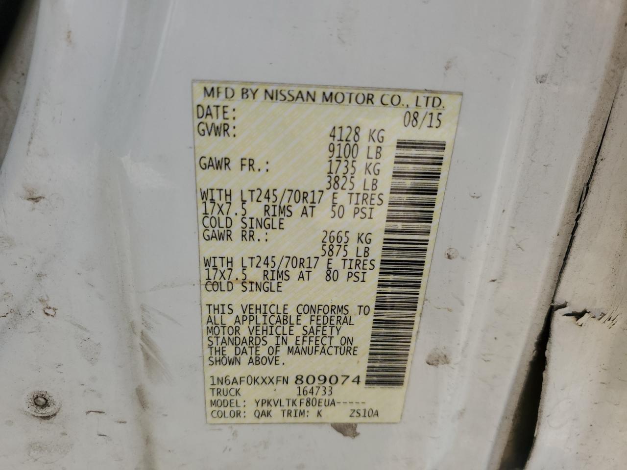2015 Nissan Nv 2500 VIN: 1N6AF0KXXFN809074 Lot: 52887135