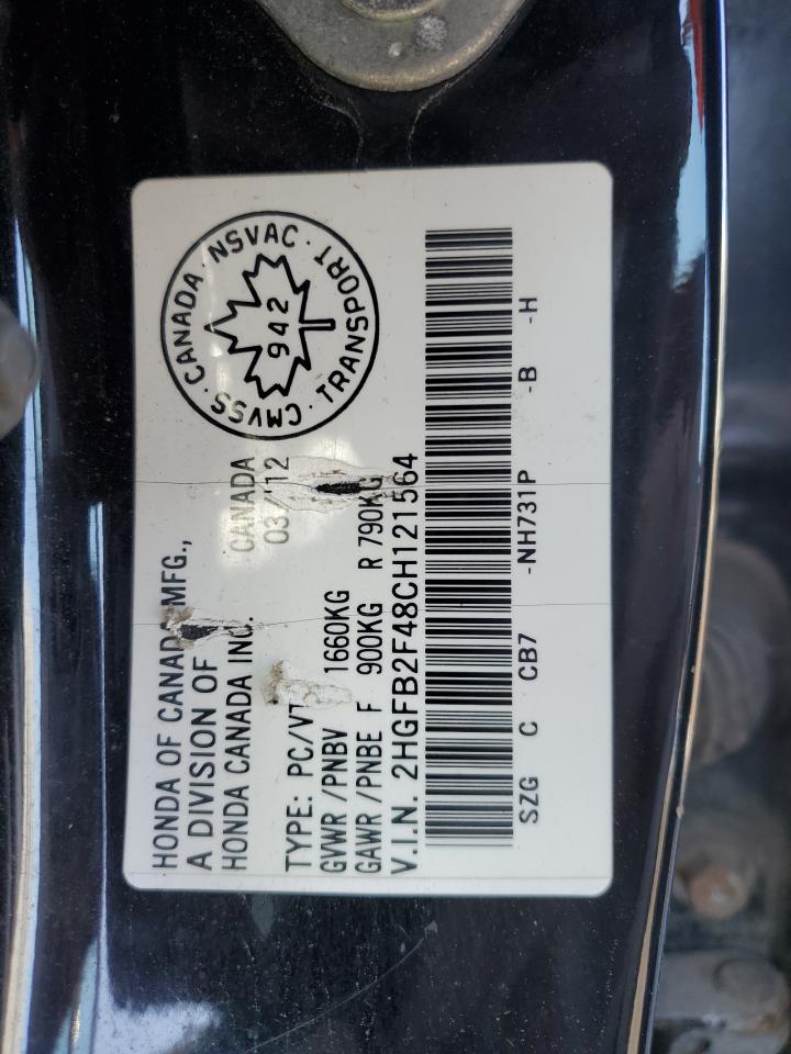 2012 Honda Civic Lx VIN: 2HGFB2F48CH121564 Lot: 51329335