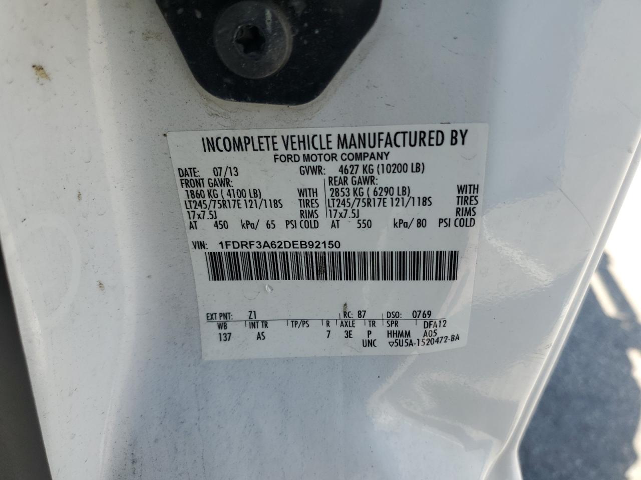 2013 Ford F350 Super Duty VIN: 1FDRF3A62DEB92150 Lot: 52358935