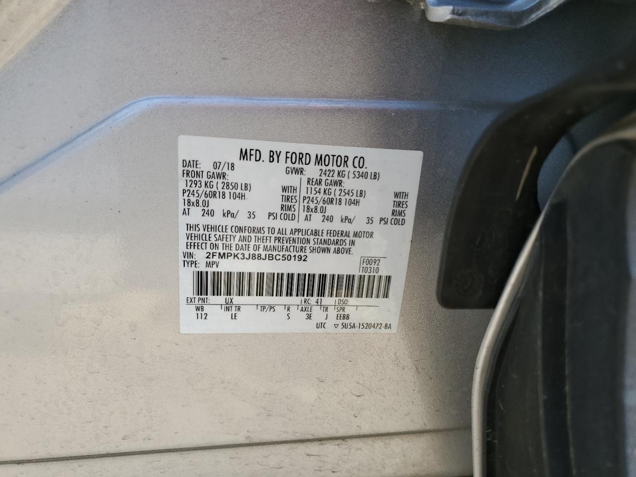 2018 Ford Edge Sel VIN: 2FMPK3J88JBC50192 Lot: 54377715