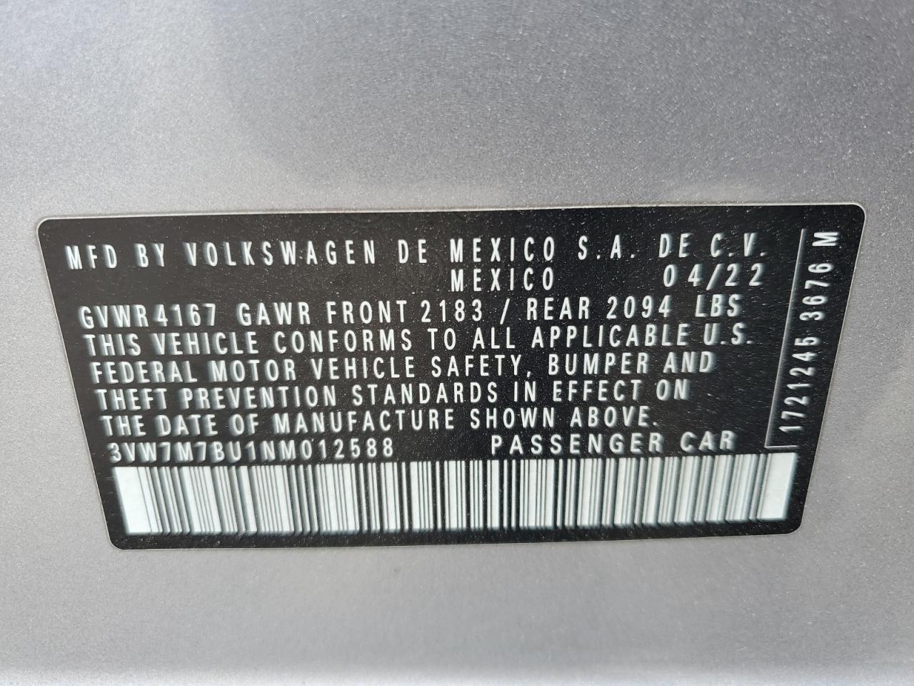 2022 Volkswagen Jetta Se VIN: 3VW7M7BU1NM012588 Lot: 54313485