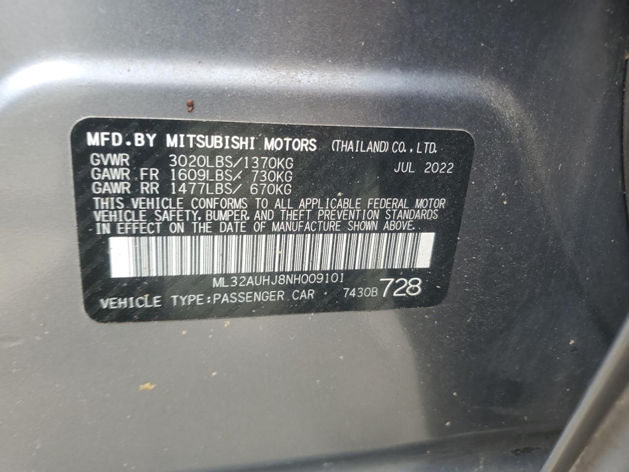 2022 Mitsubishi Mirage Es VIN: ML32AUHJ8NH009101 Lot: 54701575