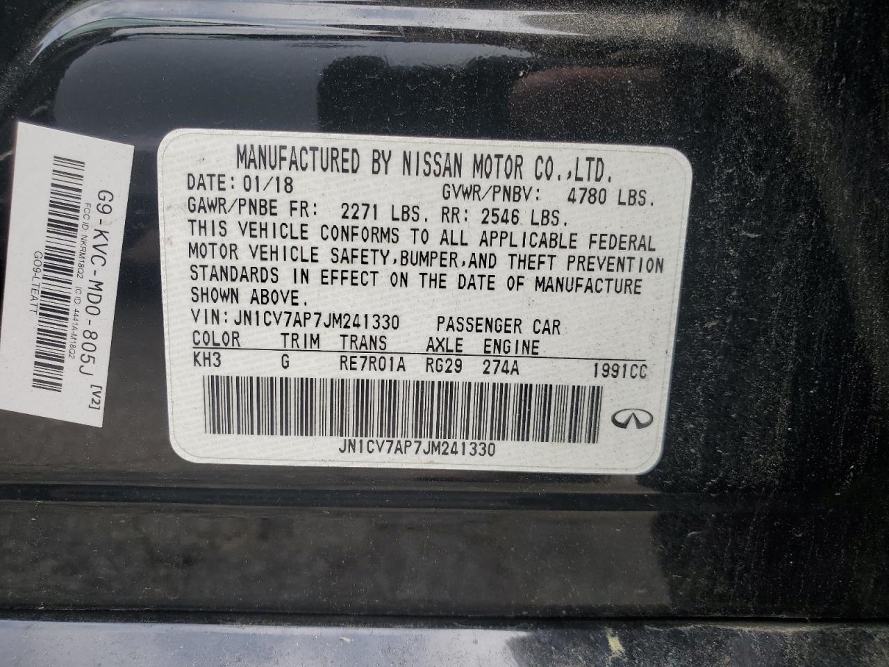 jn1cv7ap7jm241330 JN1CV7AP7JM241330 2018 Infiniti Q50 Pure