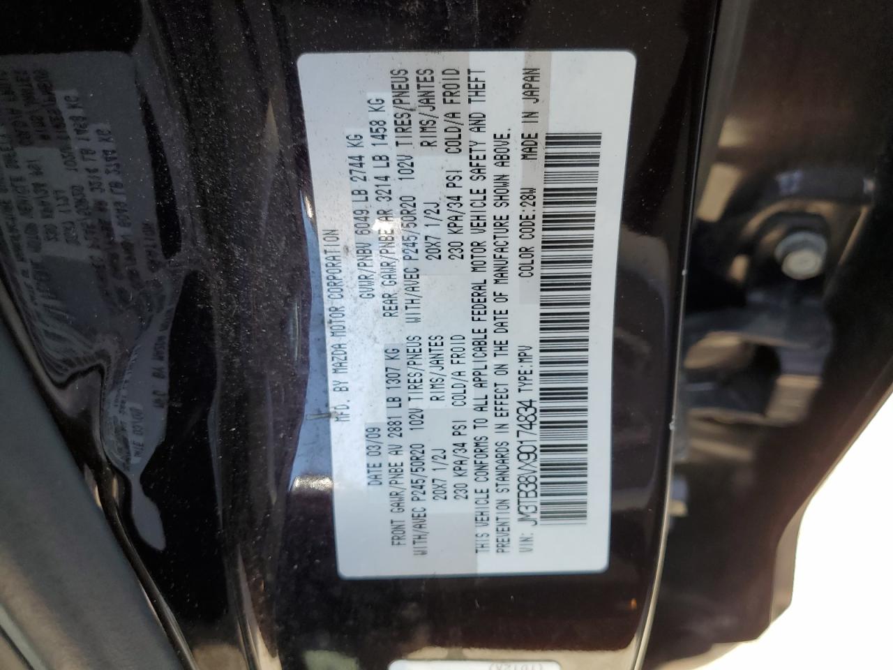 2009 Mazda Cx-9 VIN: JM3TB38VX90174834 Lot: 51057325