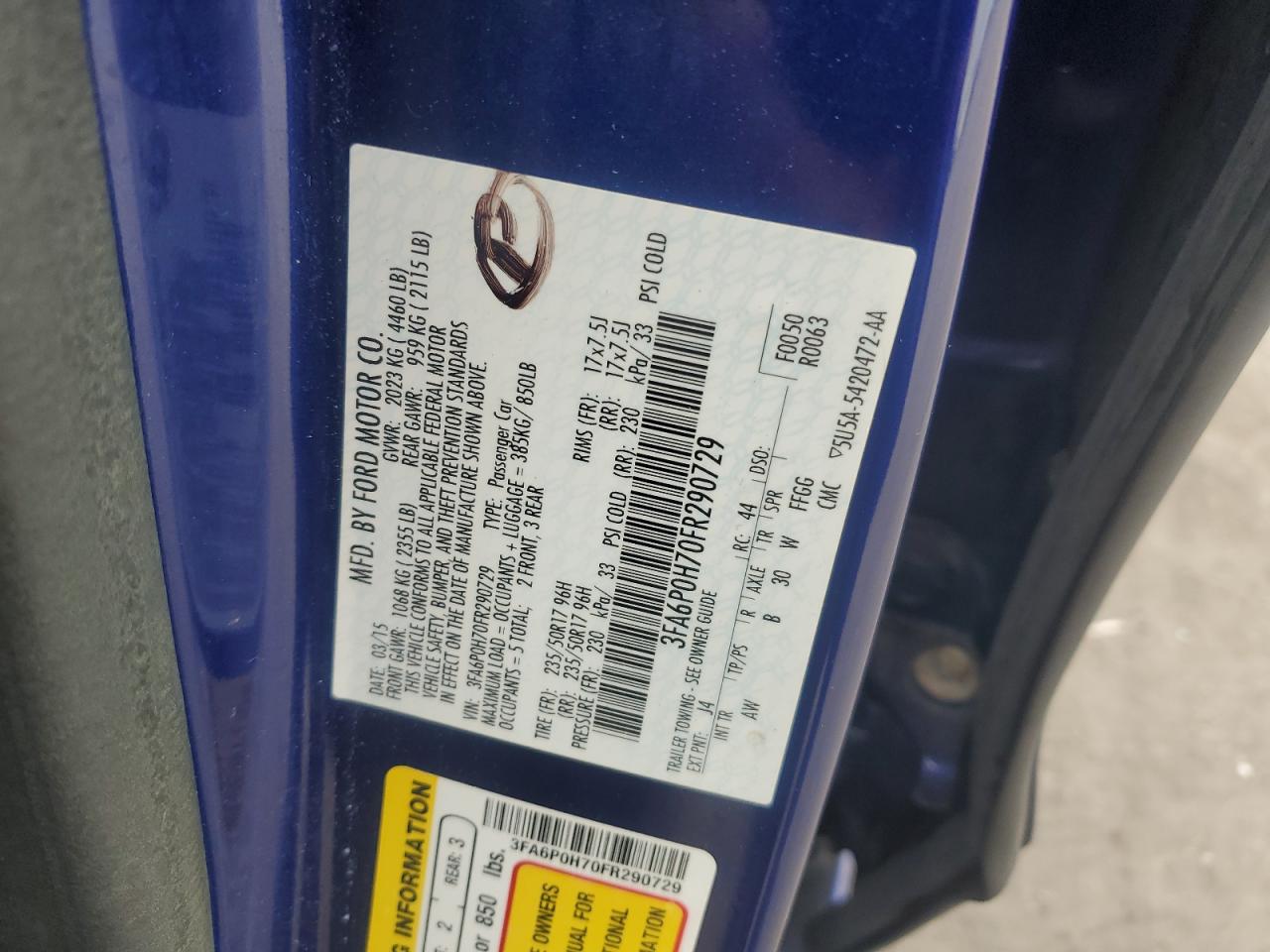 2015 Ford Fusion Se VIN: 3FA6P0H70FR290729 Lot: 54755435