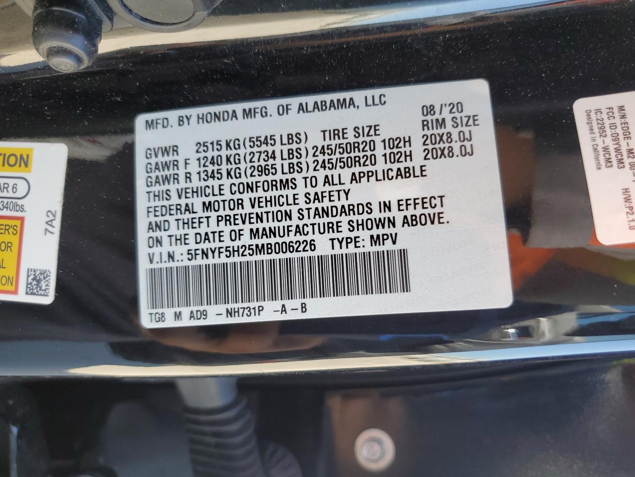 5FNYF5H25MB006226 HONDA PILOT 2021