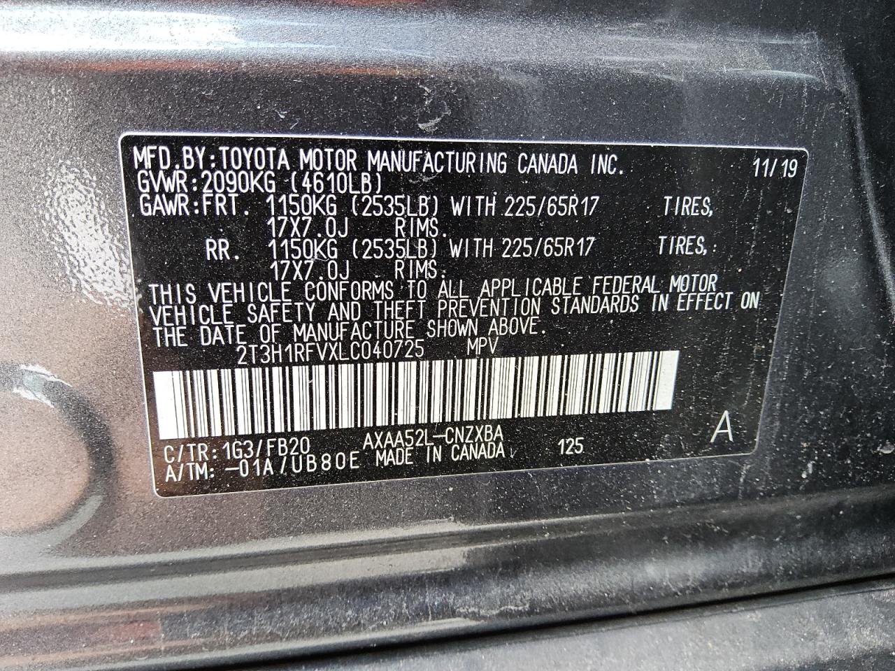 2020 Toyota Rav4 Le VIN: 2T3H1RFVXLC040725 Lot: 53124575