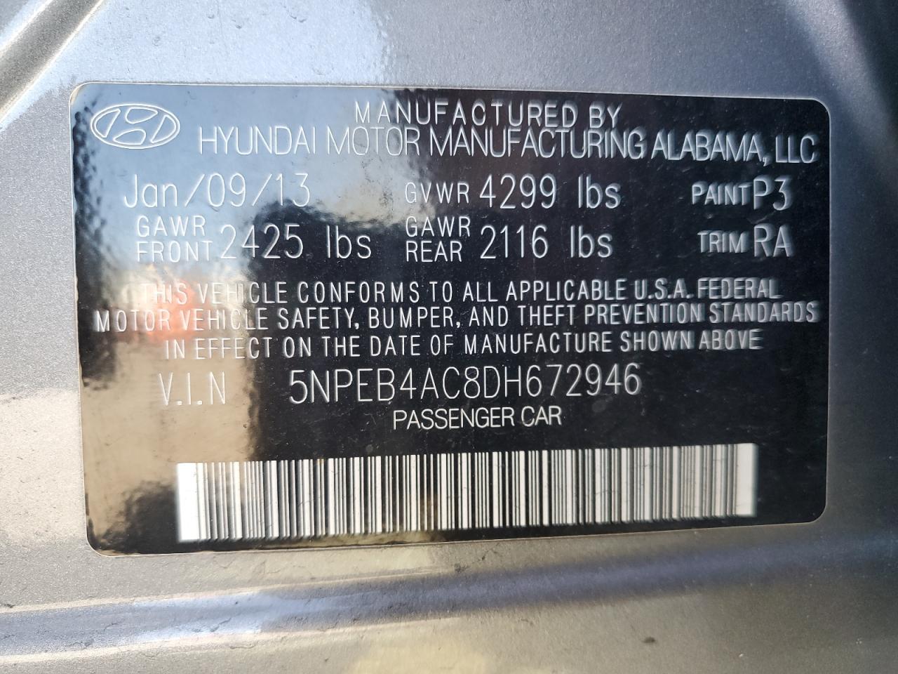 2013 Hyundai Sonata Gls VIN: 5NPEB4AC8DH672946 Lot: 55234845