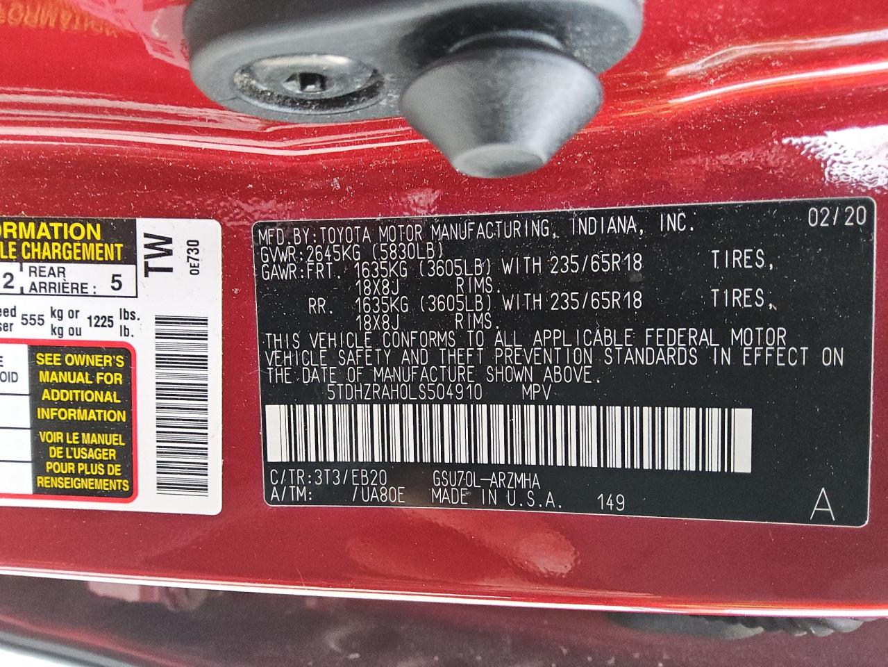 5TDHZRAH0LS504910 TOYOTA HIGHLANDER 2020