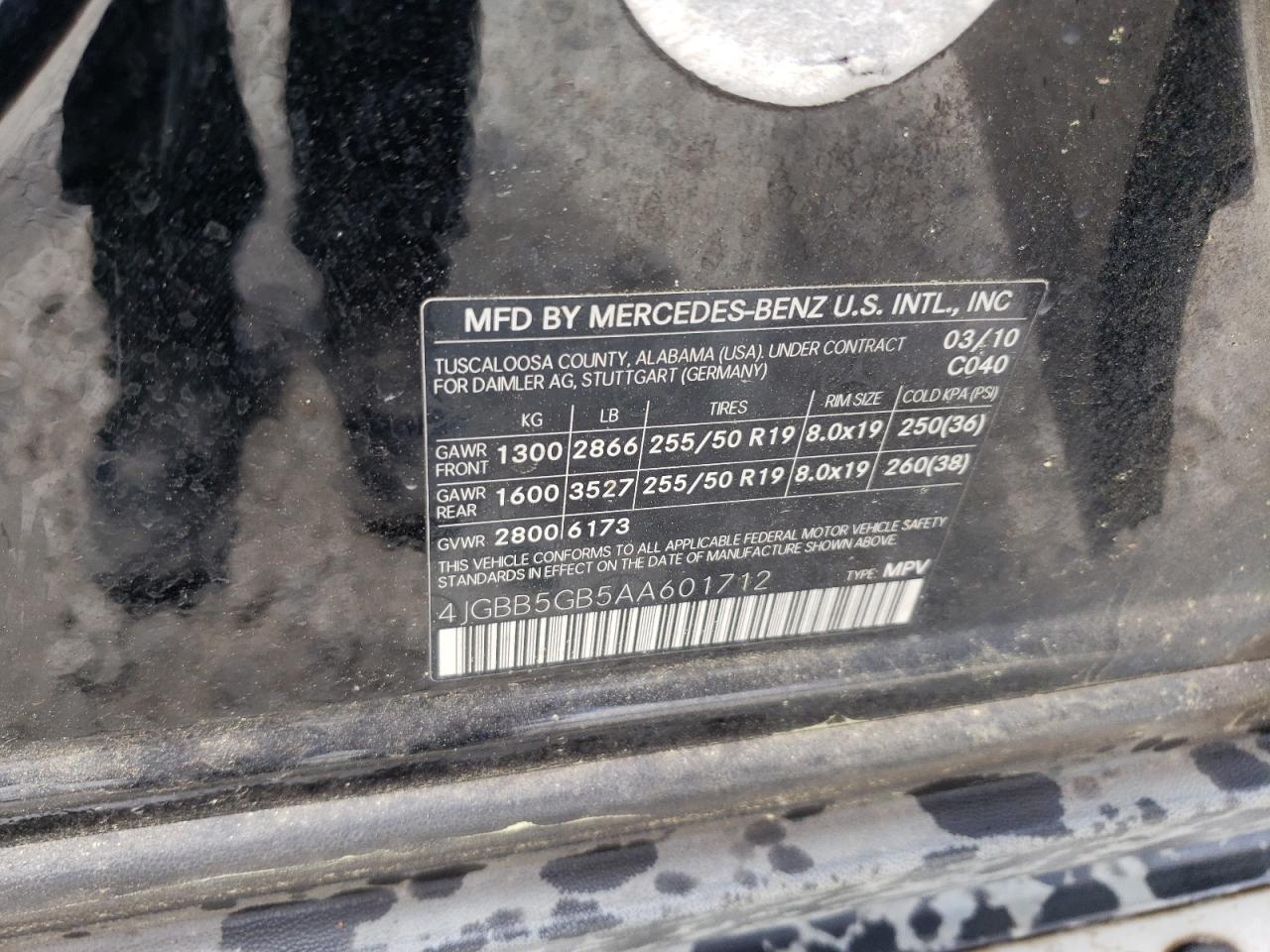 2010 Mercedes-Benz Ml 350 VIN: 4JGBB5GB5AA601712 Lot: 54480155