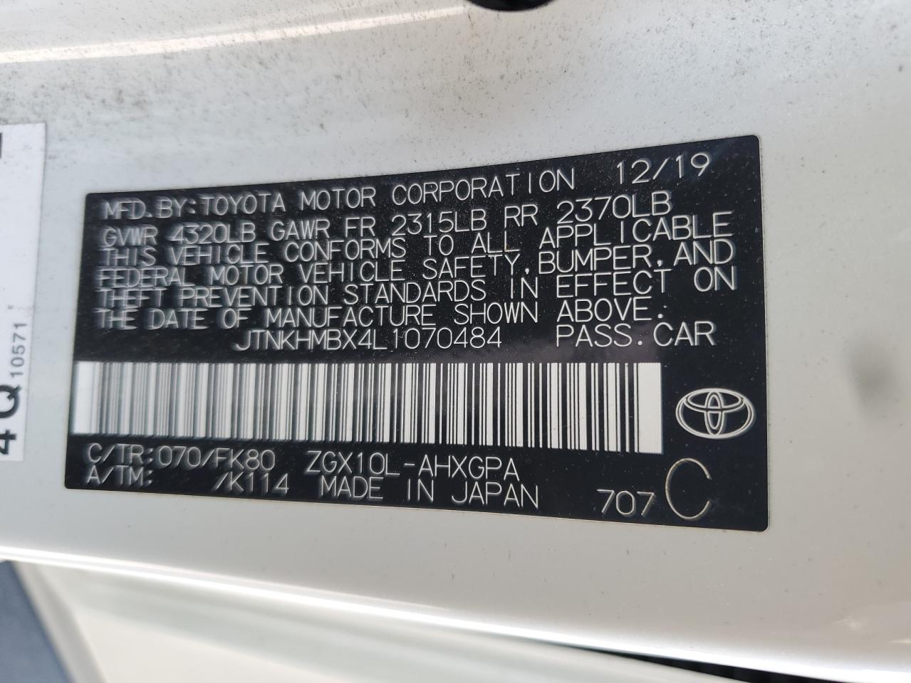 2020 Toyota C-Hr Xle VIN: JTNKHMBX4L1070484 Lot: 54790505