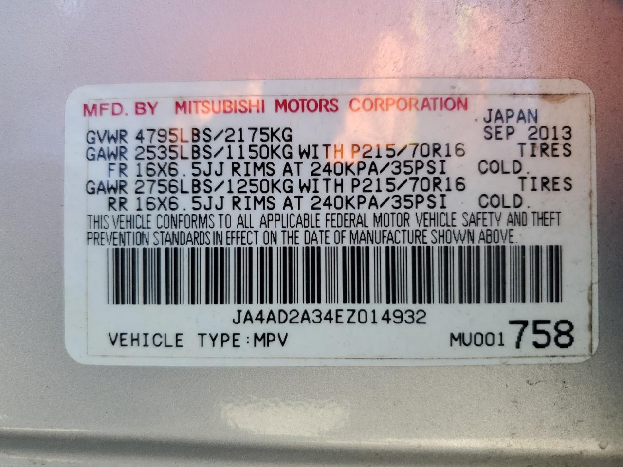 2014 Mitsubishi Outlander Es VIN: JA4AD2A34EZ014932 Lot: 52162755